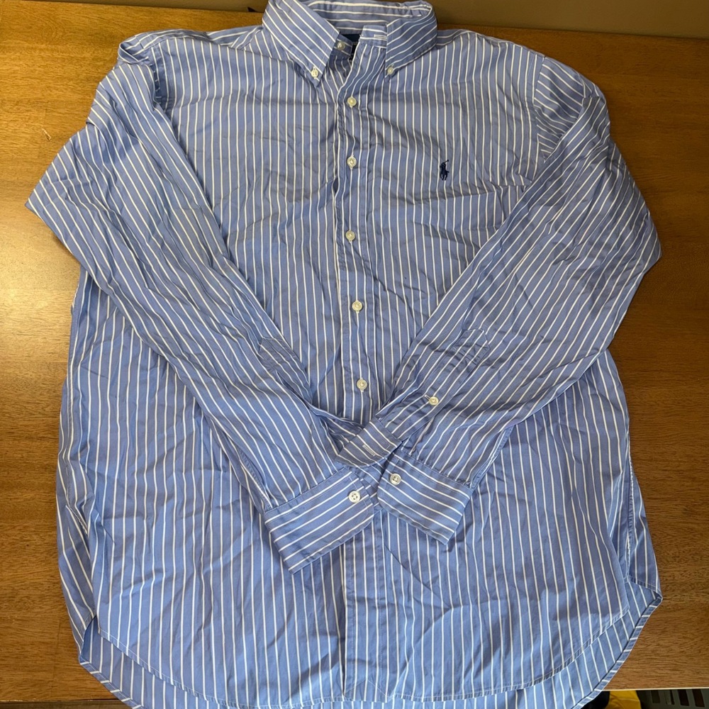 Ralph Lauren Mens Blue White Striped Classic Fit Button Down Shirt Large L